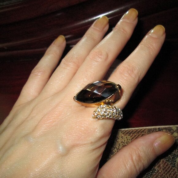 Large Marquise cut Smoky Brown CZ Cocktail ring with Pavé detail - Picture 8 of 11